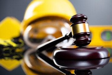 Construction law concept. Helmet and judge’s gavel on the gray background.