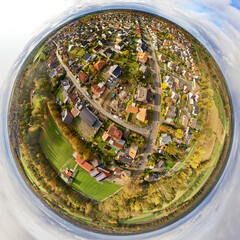 Little planet, Stereoscopic aerial photograph of a German suburb with a settlement of single-family...