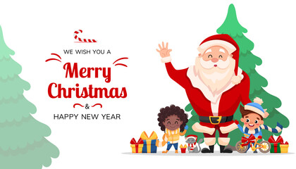 Merry Christmas and Happy New Year greeting card or banner, holiday decoration design with Santa Claus, happy children, cat and gifts. Red lettering design for promotion. Cartoon vector illustration