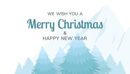 Winter season landscape with blue Christmas trees and mountain background. Minimalist greeting card or banner. Vector flat illustration