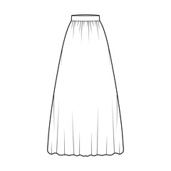 Skirt maxi dirndl technical fashion illustration with floor ankle lengths silhouette, semi-circular fullness. Flat bottom template front, white color style. Women men unisex CAD mockup