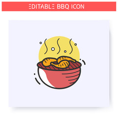 Grilled shrimps color icon.Charcoal barbecue.Brazier with shrimps or chicken drumsticks. Backyard picnic. Barbecue party or summer camping. Grill cooking.Isolated vector illustration.Editable stroke 