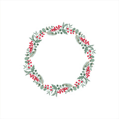 Christmas wreath with winter floral (branch of berries, holly, eucalyptus, leaves and other winter greenery). Christmas decorative wreath. Winter floral round frame