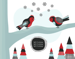 Birds in winter landscape doodles, chirstmas holidays nature illustration