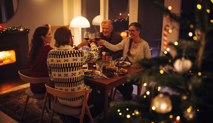 European family toasting wine at Christmas dinner