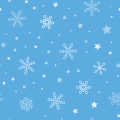 Snow vector pattern. Snowflake and stars seamless texture. Winter background. Vector elements.