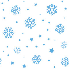 Snow vector pattern. Snowflake and stars seamless texture. Winter background. Vector elements.