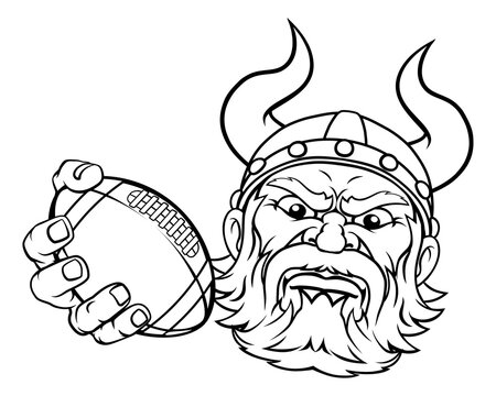 A viking warrior or barbarian American football sports mascot cartoon character holding a ball