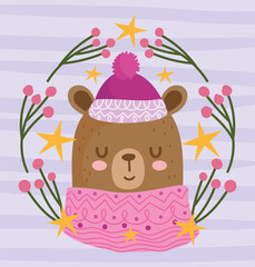 happy new year 2021, cute bear with hat in wreath flowers decoration