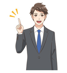 笑顔で指差しするスーツの若い男性