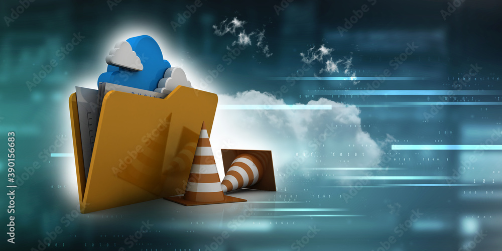Poster 3d rendering cloud folder icon with traffic cones