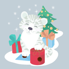 Tiger cub with gifts and a New Year tree. Vector illustration.
