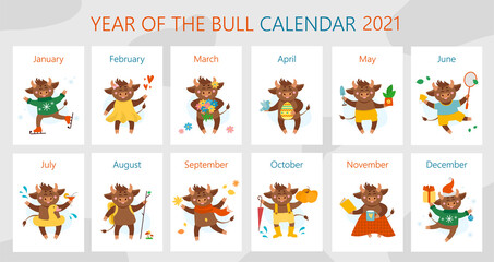 Vector calendar illustrations for 2021. Year of cow, ox or bull concept. Christmas holidays, xmas illustrations