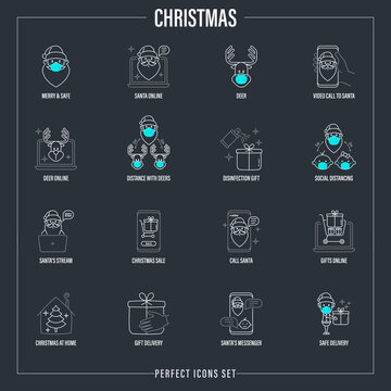 Christmas at new normal. THin line icons set. Santa Claus online, video call with Santa, social distancing, using surgical masks, safety delivery, messenger with Santa. Vector illustration.
