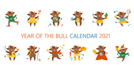 Obraz premium Vector calendar illustrations for 2021. Year of cow, ox or bull concept. Christmas holidays, xmas illustrations