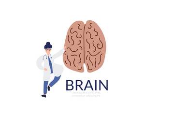 Woman doctor talks about the human brain. Banner. Medicine, the concept of human health.