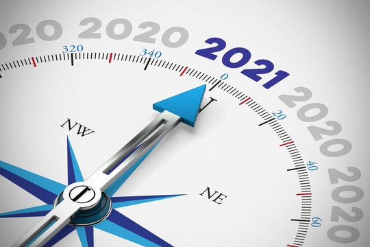 Compass arrow points to the year 2021