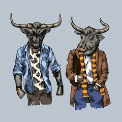 Dressed bull. Hand drawn beautiful vector illustration.