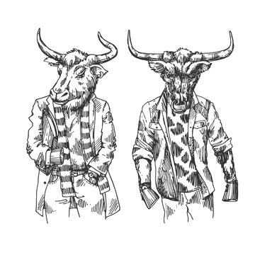 Dressed bull. Hand drawn beautiful vector illustration.
