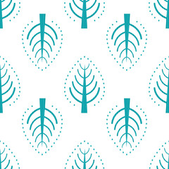 Blue white trees folk art seamless vector pattern background. Modern Scandinavian forest motif backdrop. Hand drawn stylized decorative scandi style illustration. All over print for wellness, beauty.