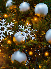 Obraz na płótnie Canvas New Year. Snowflake, background, lights, free space Blur, soft focus decorated Christmas tree