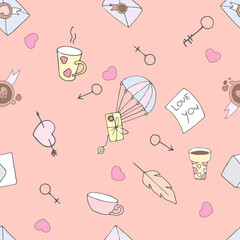 Romantic seamless pattern in the form of messages and letters of love, hearts, keys, dove, holiday attributes and signs. Elegant design element for wrapping paper, covers, fabrics.
