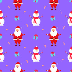 Santa Claus and the Snowman. Christmas and New Year's seamless pattern