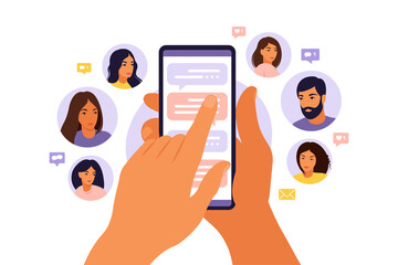 Refer a friend concept with cartoon hands holding a phone with a list of friends contacts. Referral marketing strategy banner, landing page template, ui, web, mobile app, poster, banner, flyer.
