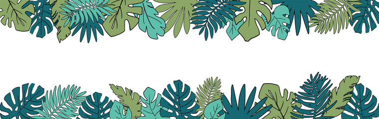 Tropical Horizontal frame, place for your text. Palm, monstera, banana  tree leaves background template. Vector illustration. Concept of the jungle for the design of invitations, greeting cards © Nadine.de.trevile