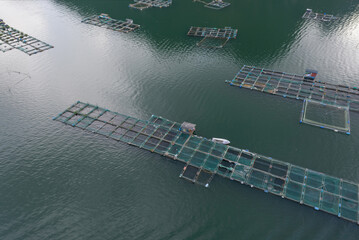 Aerial photography of freshwater aquaculture nets for fisheries in a lake