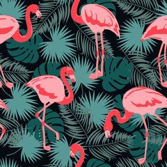 Fototapeta premium Seamless tropical pattern with beautiful flamingo. 