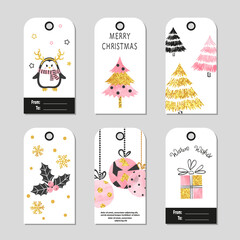 Christmas gift tags with cute Christmas trees and balls. Vector set of cards