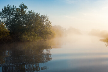 Fototapeta na wymiar Early morning on the river. The fog shrouded trees. The sunlight illuminates the mist above the water.