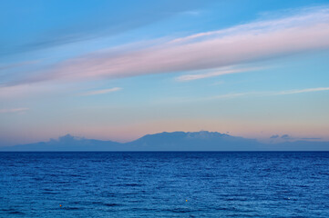 Blue sea in the morning in Fourka Scala, Halkidiki, Greece