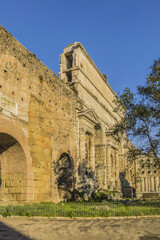 View of Aurelian Walls. Aurelian Walls built in 3rd century C.E., stretching 12 miles around the boundaries of city. All of Rome seven hills are inside boundaries of old walls. Rome, Italy.