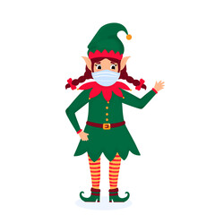 Funny Christmas elf wears a protective face mask. Vector illustration. Cartoon character.