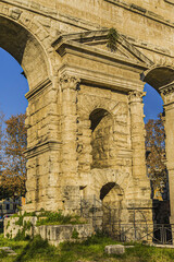 View of Aurelian Walls. Aurelian Walls built in 3rd century C.E., stretching 12 miles around the boundaries of city. All of Rome seven hills are inside boundaries of old walls. Rome, Italy.