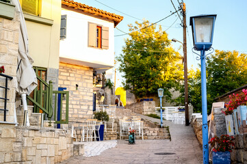 Restaurants and street of Afitos, Halkidiki, Greece