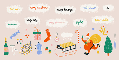 Merry Christmas and Happy New Year. Bright vector flat Christmas set of elements in cartoon style 
and holiday phrases. Santa Claus, Christmas tree, toys, sleigh, garland, fireworks, champagne. 