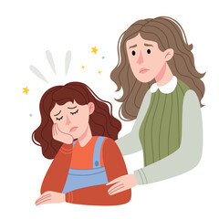 Mom supports her daughter.Loving mother comforting her sad young daughter.Illustration for children's book. Simple illustration.