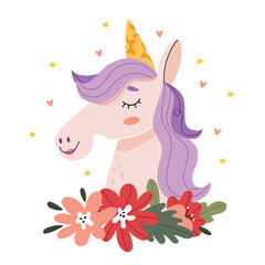 The unicorn smiles around the stars and hearts.Illustration for children's book. Cute Poster.Simple illustration.