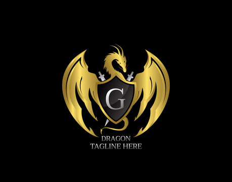 Gold Dragon Shield with G Letter Design Logo Template.