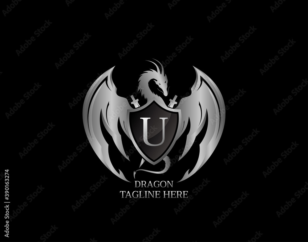 Wall mural Silver Dragon Shield with U Letter Design Logo Template. - Wall murals