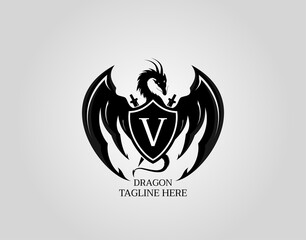 Heraldic Dragon Shield with V Letter Design Logo Template.