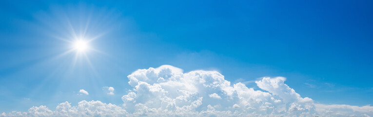 panorama nature blue sky with clouds and sun shines for use banner background