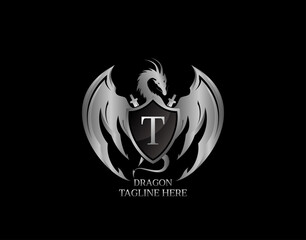 Silver Dragon Shield with T Letter Design Logo Template.