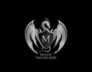 Silver Dragon Shield with M Letter Design Logo Template.