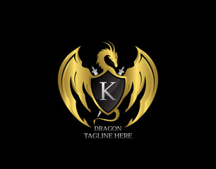 Gold Dragon Shield with K Letter Design Logo Template.