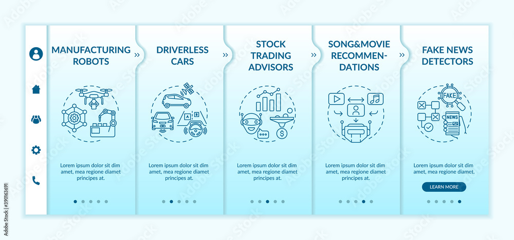 Poster ai application 2 onboarding vector template. stock trading advisors. song and movie recommendations 