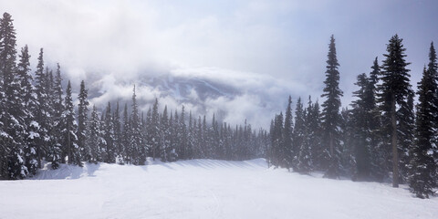 Fototapeta na wymiar Misty panoramic view of the ski piste at Whistler ski resort in Canada in the winter season.